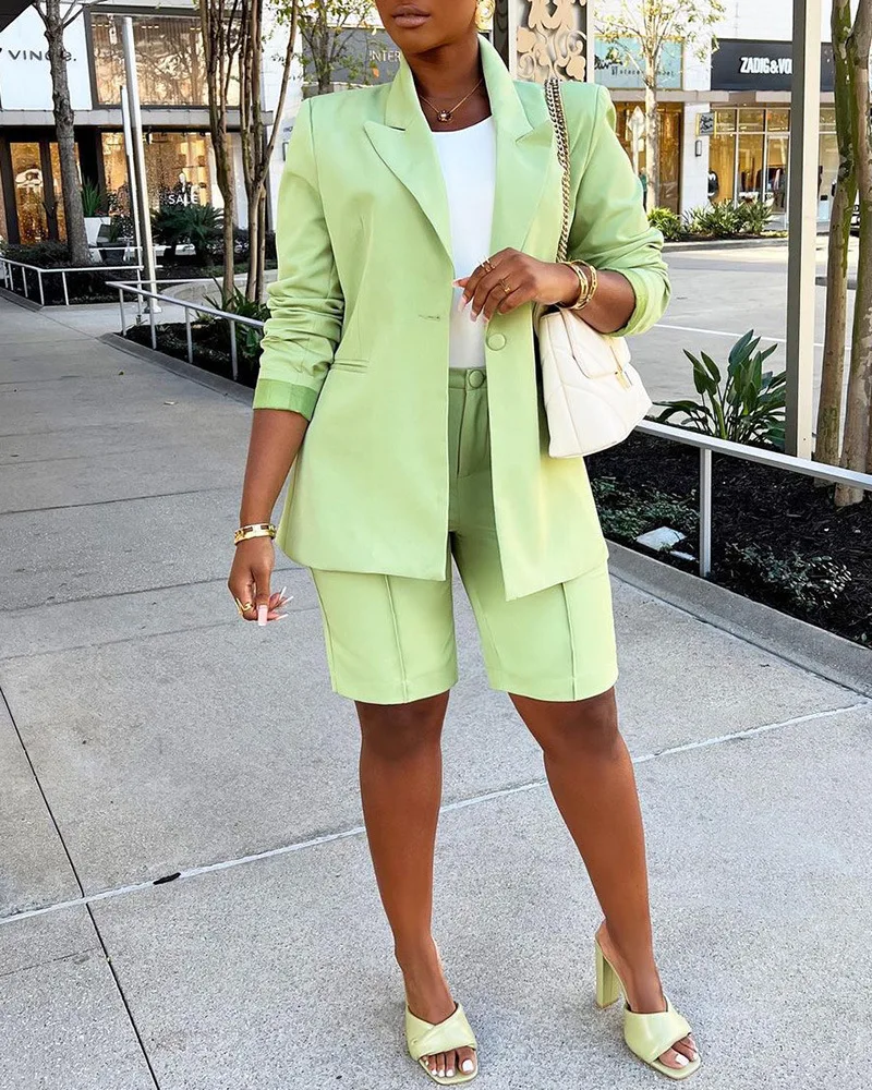 

Women Jacket Suit Collar Green Solid Color Suit Long Sleeve Pocket Single Button Spring Autumn Commuter Fashion Casual Jacket