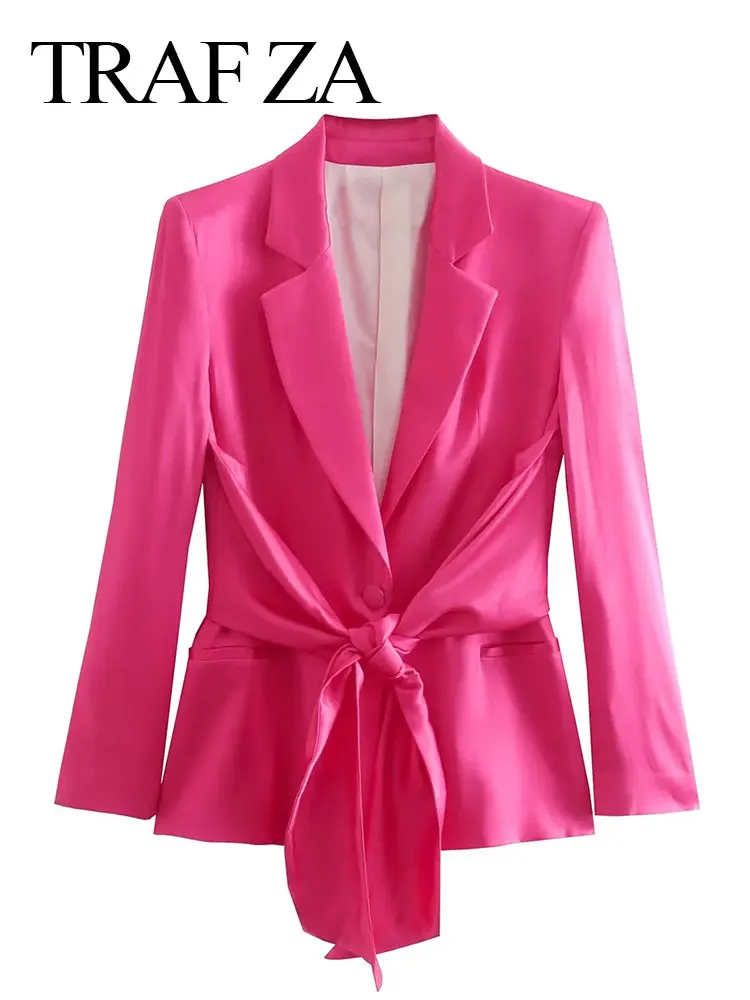 

TRAF ZA Elegant Temperament Solid Rose Red Jacket Suit Collar Single Button Chic Waist Strap Pocket Fashion Commuter Blazer