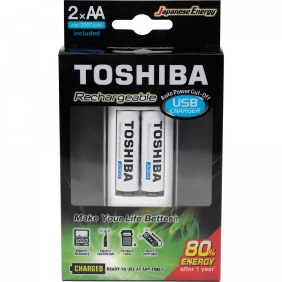 

USB Battery Charger For 2 AA/AAA Min.2,000 mAh W/2 Batteries TOSHIBA
