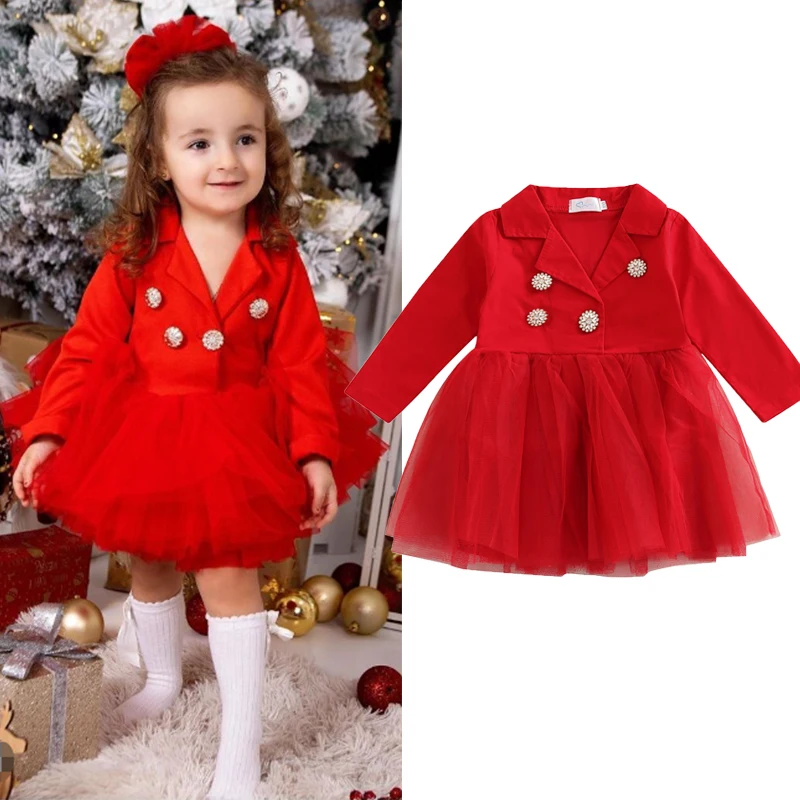 

Kid Infant Baby Girls Fashion Dress Notch Lapel Delicate Buttons Long Sleeve High Waist Patchwork Mesh Tulle Hem Dresses