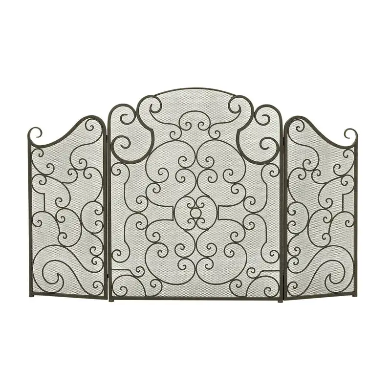 

Traditional Metal 3 Panel Foldable Fireplace Screen with Mesh Netting and Scroll Pattens, 52"W x 35"H