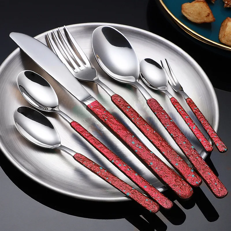 

Western Tableware Stone Dinnerware Set 7 Pieces Cutlery Set Stainless Steel Knife Fork IceTea Spoon Party Classic Silverware Set