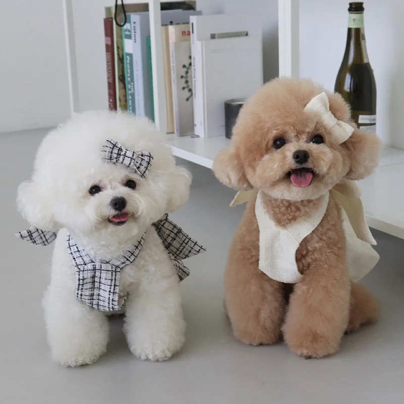 

INS Cute Autumn Dog Clothes Small Fragrant Wind Thick Woven Bow Pet Sling Dress Cat Puppy Bichon Poodle Clothes Warm Dog Skirt