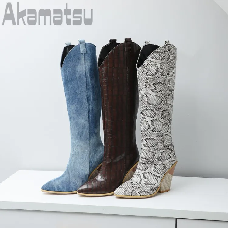 Fashion Women's Western Boots Sexy Pointed Toe Back Zipper Block Heel Serpentine Denim Blue Knee High Party Shoes Size 34-48