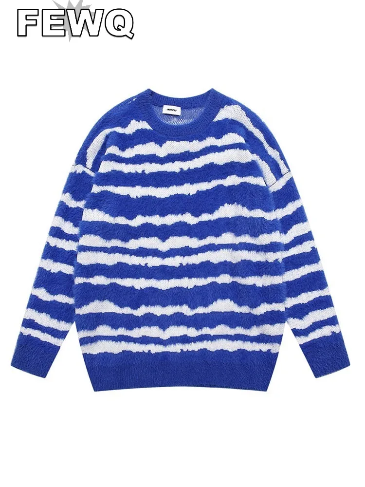 

FEWQ 2023 Autumn Men's Pullover Sweater Male New Jacquard Irregular Stripe Round Neck Sweaters For Men Contrast Color 24A651