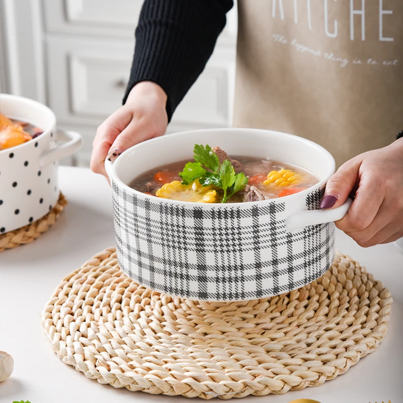 

Ins Wind and Anti Sscald Binaural Soup Bowl Large Household High Grade Ceramic Soup Bowl Microwave Soup Pot