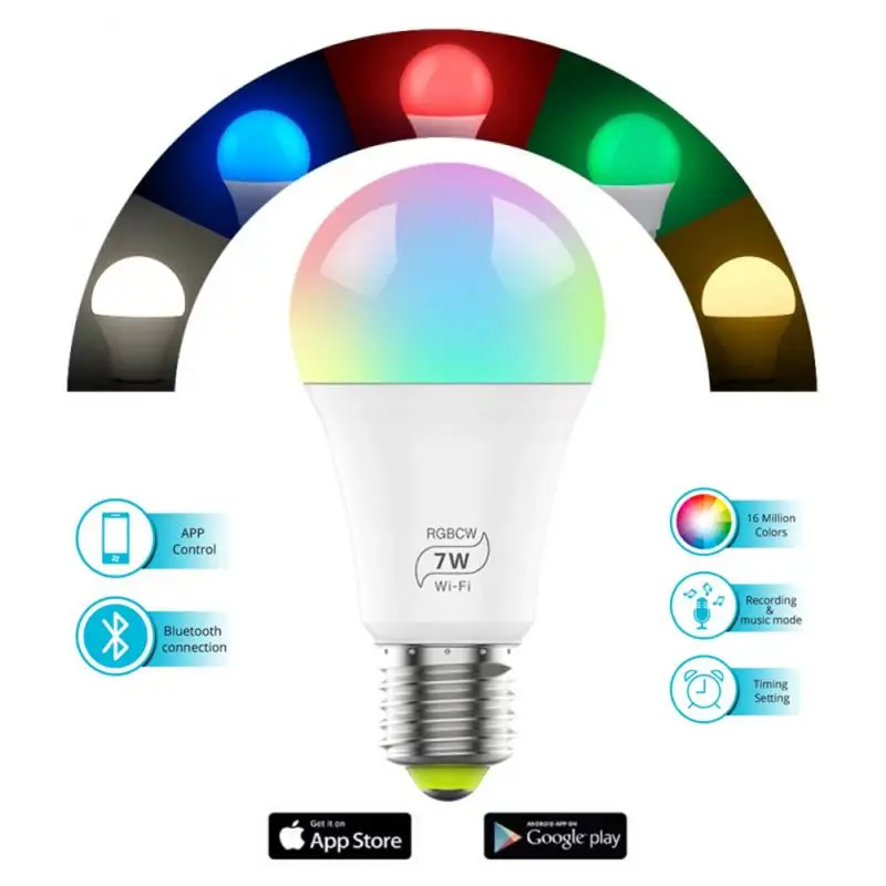 

Умная лампа с регулируемой яркостью и таймером, 9 Вт, E27, RGB + CTT, Bluetooth, работает с Alexa/Google Home IFTTT