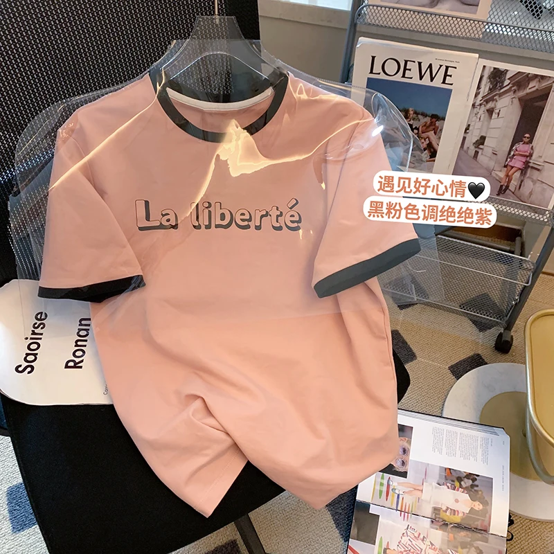 

Contrast Letter Print T-shirt Women's Short Sleeve 2023 Summer New Design Sense Round Neck Y2k Top Ins Tees