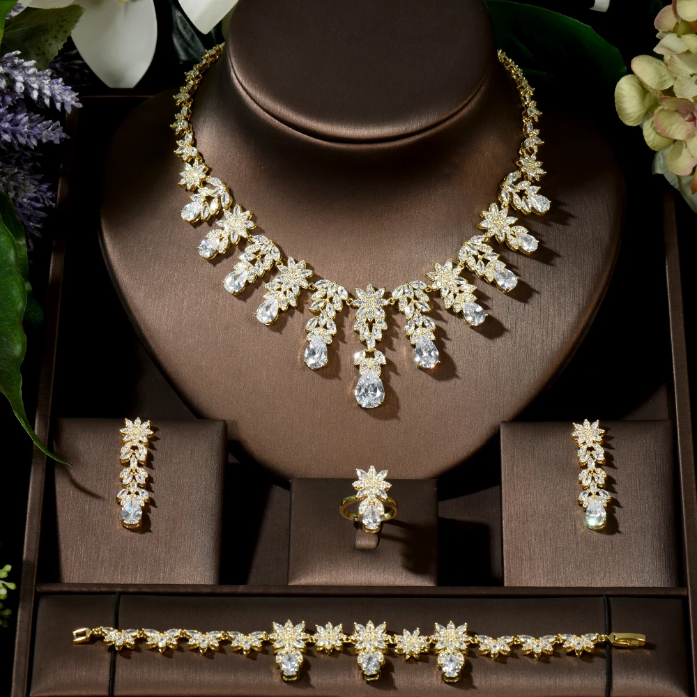 Fashion Fashion Gold Color CZ Stone Earring Necklace Set Brilliant Long Drop Wedding Bridal Dress Jewelry Set for Women N-1479