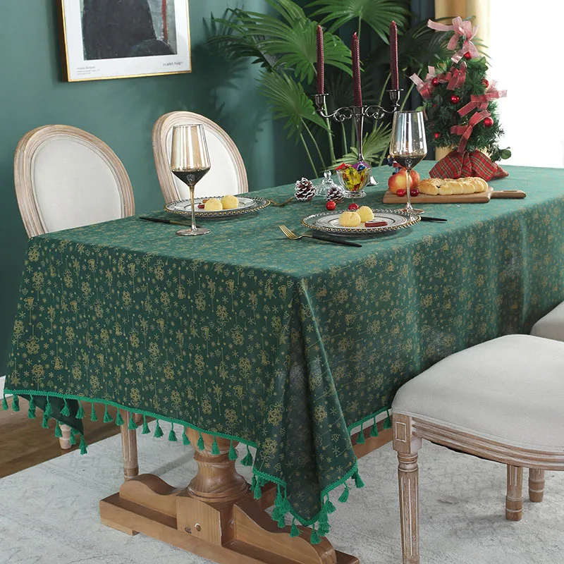 

Bohemian Green Christmas Snowflake Tablecloth Tassel Cotton Linen Table Runner Table Cover New Year Decor 2022 Xmas Table Cloth