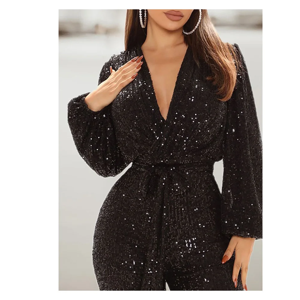 Chicme Women Lantern Sleeve Zipper Back Plunge Sequins Slim Jumpsuit Deep V Tied Waist Party Sexy Jumpsuit Long Sleeve