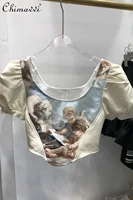 vintage oil painting print low round neck puff sleeve pullover t shirt 2022 summer new fashion irregular short tees for ladies