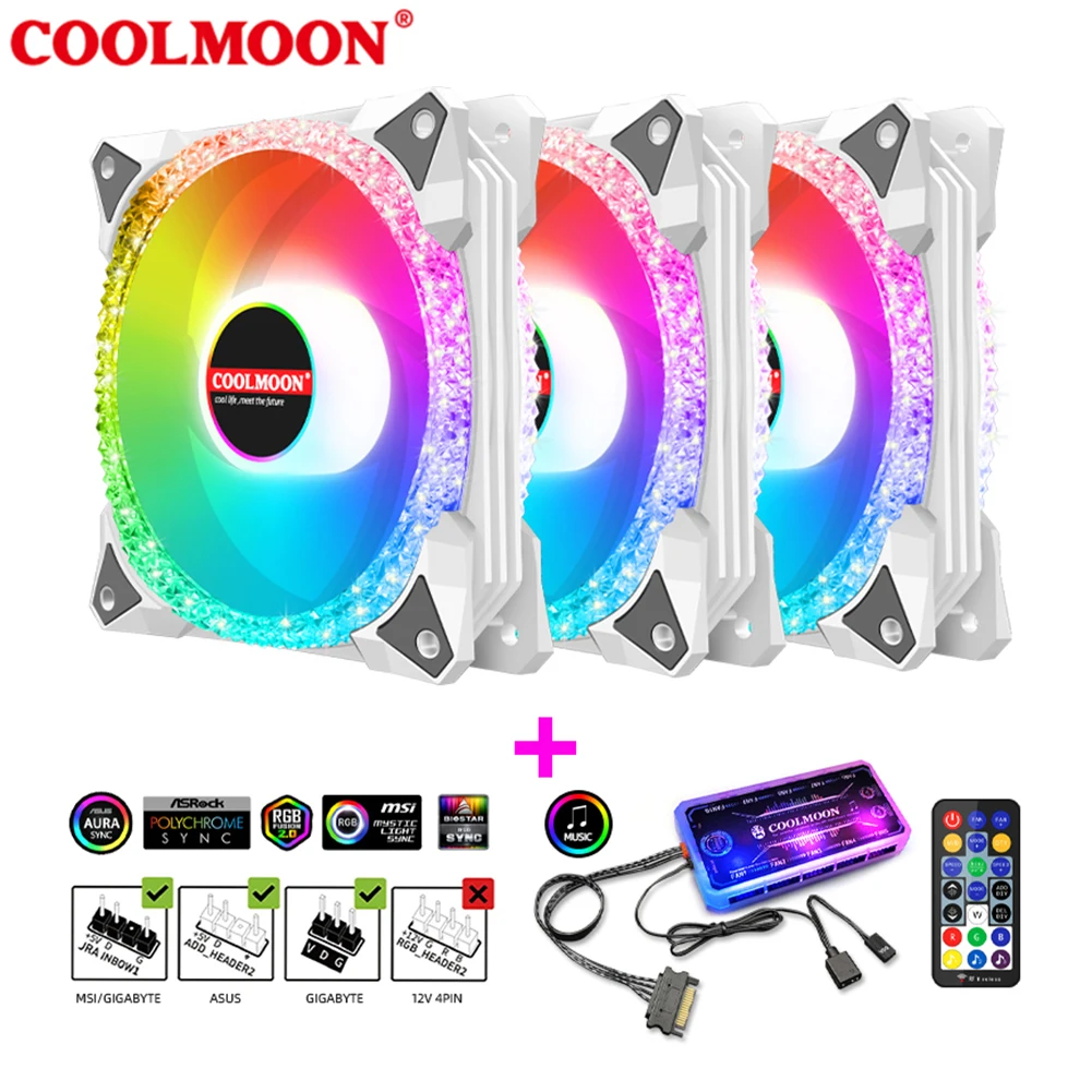

COOLMOON AS2 12cm Double Halo RGB Cooler Radiator Silent Aura Sync Desktop Computer Case Cooling Fan with Music ARGB Controller
