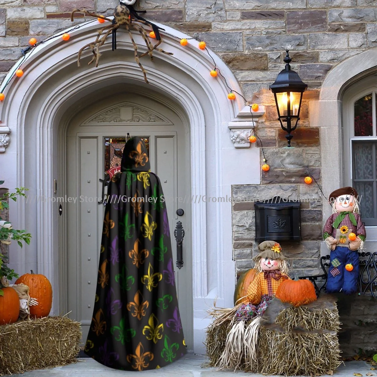 Medieval Halloween Cosplay Cloak Hooded Coat Mardi Gras Carnival Pattern Cape Long Trench Costume Wizard