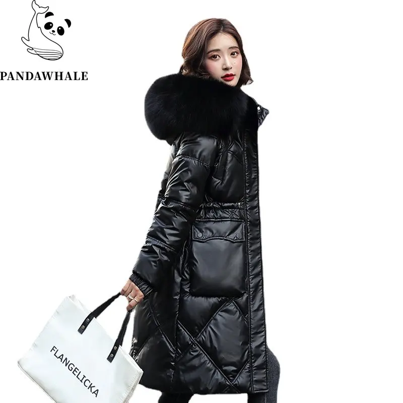 Glossy White Duck Down Jacket Women Winter New Long Big Pockets Hooded Fashion Tops Slim Thick Warm Coat Female Clothing Parkas