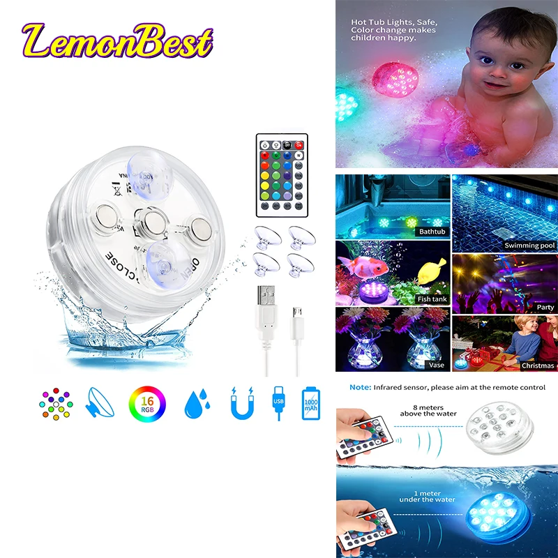 

Rechargeable Submersible LED Lights Floating Pool Light Color Changing Night Light Waterproof Underwater Light with Remote Magne