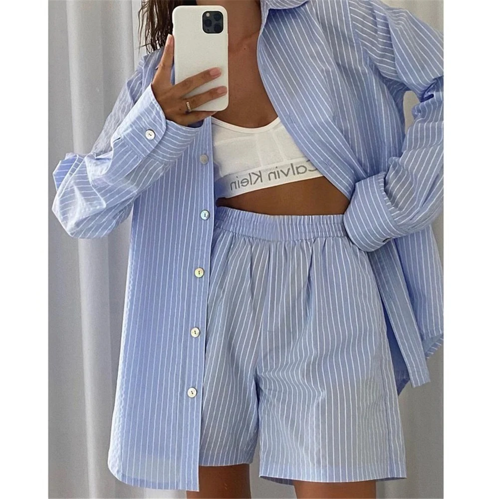 

Women Two Piece Set 2022 Loung Wear Tracksuit Women Shorts Sets Stripe Long Sleeve Shirt Tops And Loose High Waisted Shorts Suit