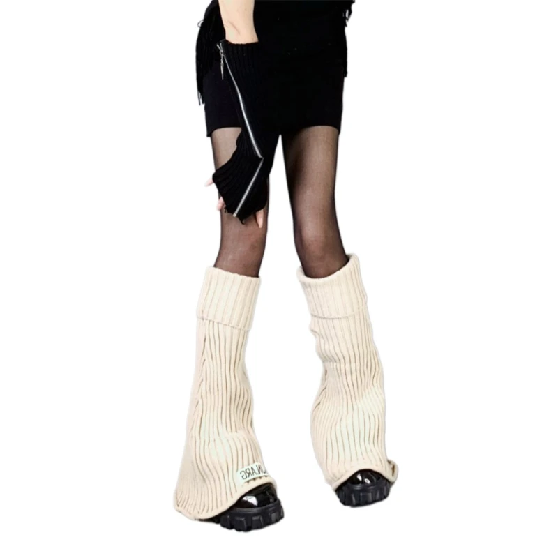 

Winter Autumn Ribbed Knitted Turn Cuff Leg Warmers Gothic Letters Label Foot Covers Flared Knee High Socks for Women
