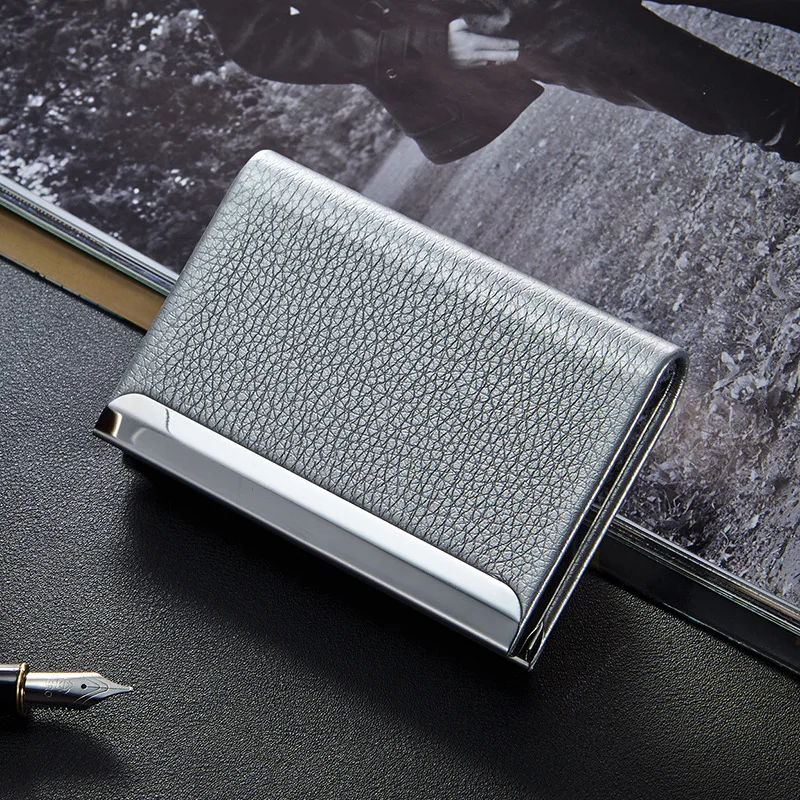 

With Card Slim Card Pocket Business Holder Card Magnetic Credit Steel Leather Case Carrier Buckle Holder Name Stainless