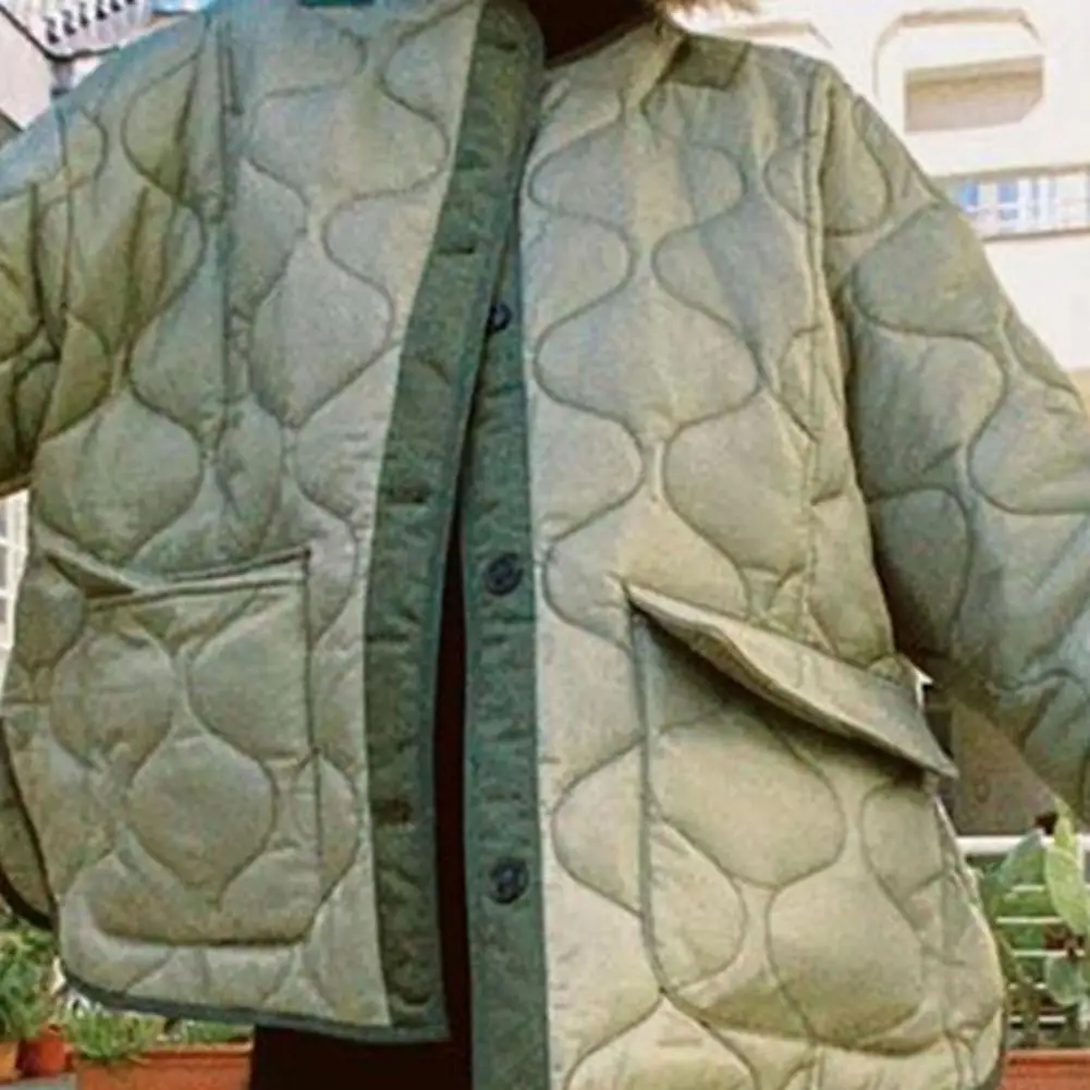 Quilted Jacket Outwear Women Flap Pockets Round Neck Long Sleeve Slit Loose Fit Jacket Outwear for Winter