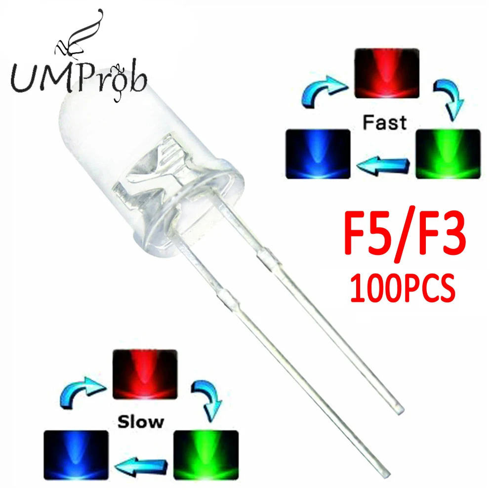 

100PCS/lot F5 5mm F3 3mm Fast/Slow RGB Flash Red Green Blue Rainbow Multi Color Light Emitting Diode Round LED Full Color