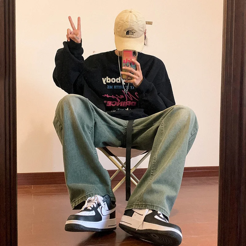 Pink Green Purple Baggy Jeans Men Fashion Retro Casual Straight Jeans Men Streetwear Hip Hop Loose Denim Pants Mens Trousers