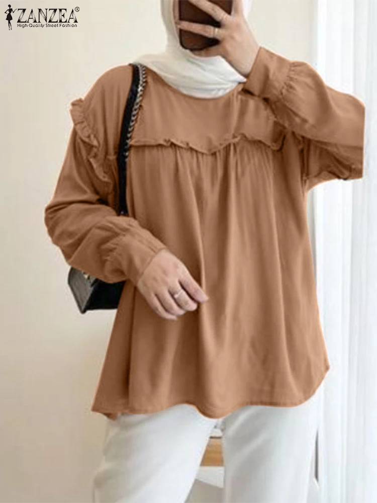 

ZANZEA Ramadan Muslim Solid Blouse Fashion Loose Women's Tops Long Sleeve O-Neck Ruffles Shirt Dubai Abaya Isamic Blusas Kaftan