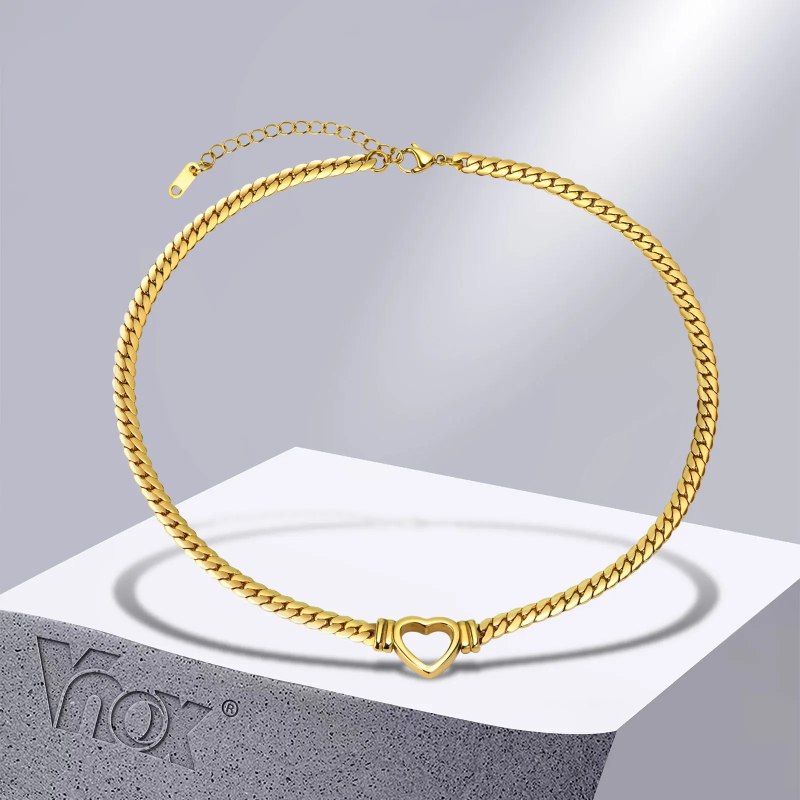 

Vnox Simple Heart Choker Necklaces for Women Jewelry, Gold Color Stainless Steel Curb Chain Collar Gifts to Her