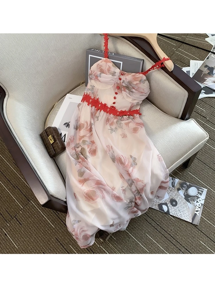 

French Floral Dresses Women Sexy Sleeveless Lace Print Folds Midi Dress Women Summer Vintage Sweet Fairy Party Vestidos New 2022