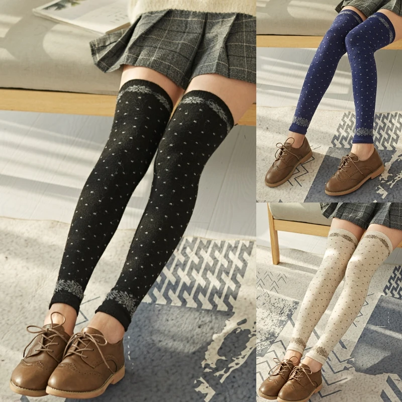 

Women Winter Faux Wool Long Leg Warmers Japanese Preppy Style Snowflake Dots Knitted Over Knee Socks Snow Ski Foot Cover 37JB