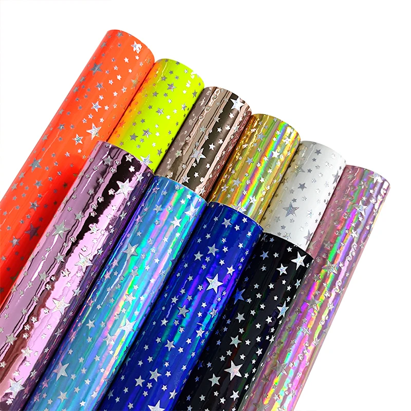 

Laser Holographic Foiled Silver Stars Pattern Embossed Patent Faux Leather for Making Shoe Tote Stationery Bags XHT-422111
