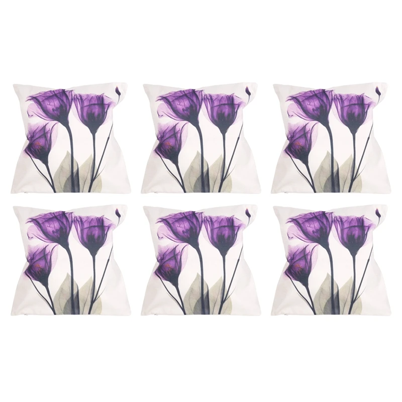

6Pcs 45X45cm Modern Ink Painting Flower Flax Throw Pillow Case Waist Cushion Cover Purple