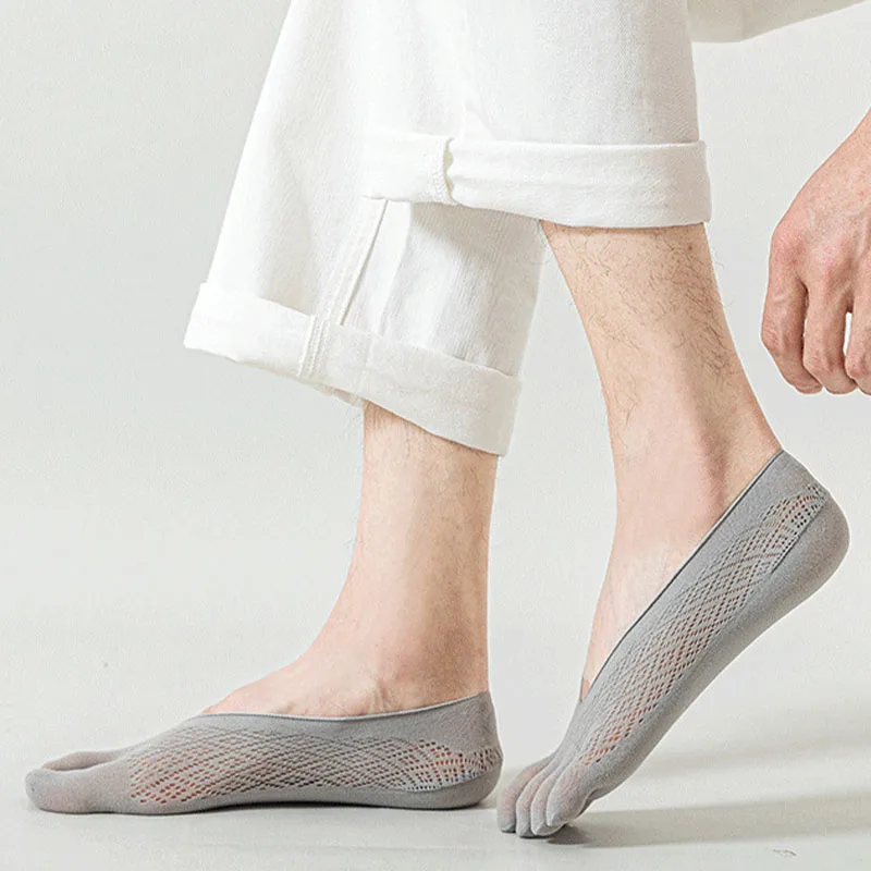 5Pairs Men Socks with Fingers Summer Ultra-thin Breathable Invisible Toe Silk Socks Elastic Men's Ankle Sock Silicone Non-slip