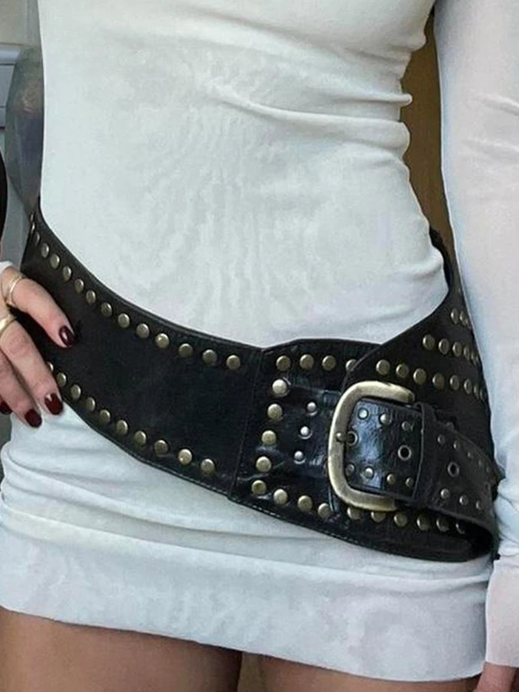 

Emo Y2k Fashion Gothic Strap Streetwear Korean Jeans PU Leather Metal Waist Elastic Belt Belts Women Men Waistband Accessories