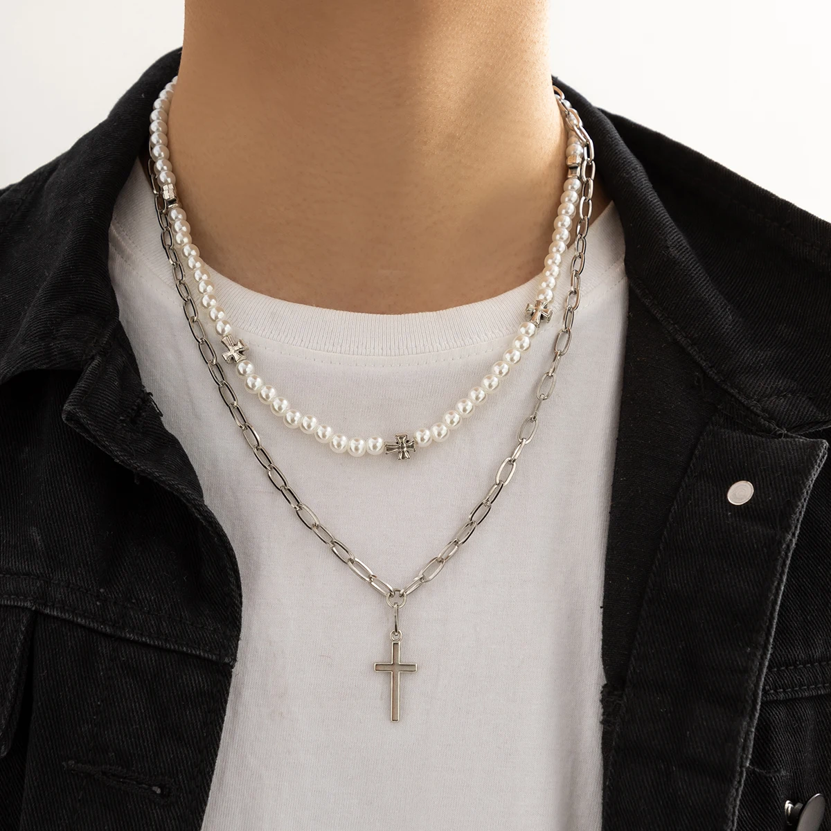 

IngeSight.Z Classic 2 pcs/set Cross Pendant Necklace Men Handmade Imitation Pearls Beads Link Chain Choker Necklace Jewelry Gift