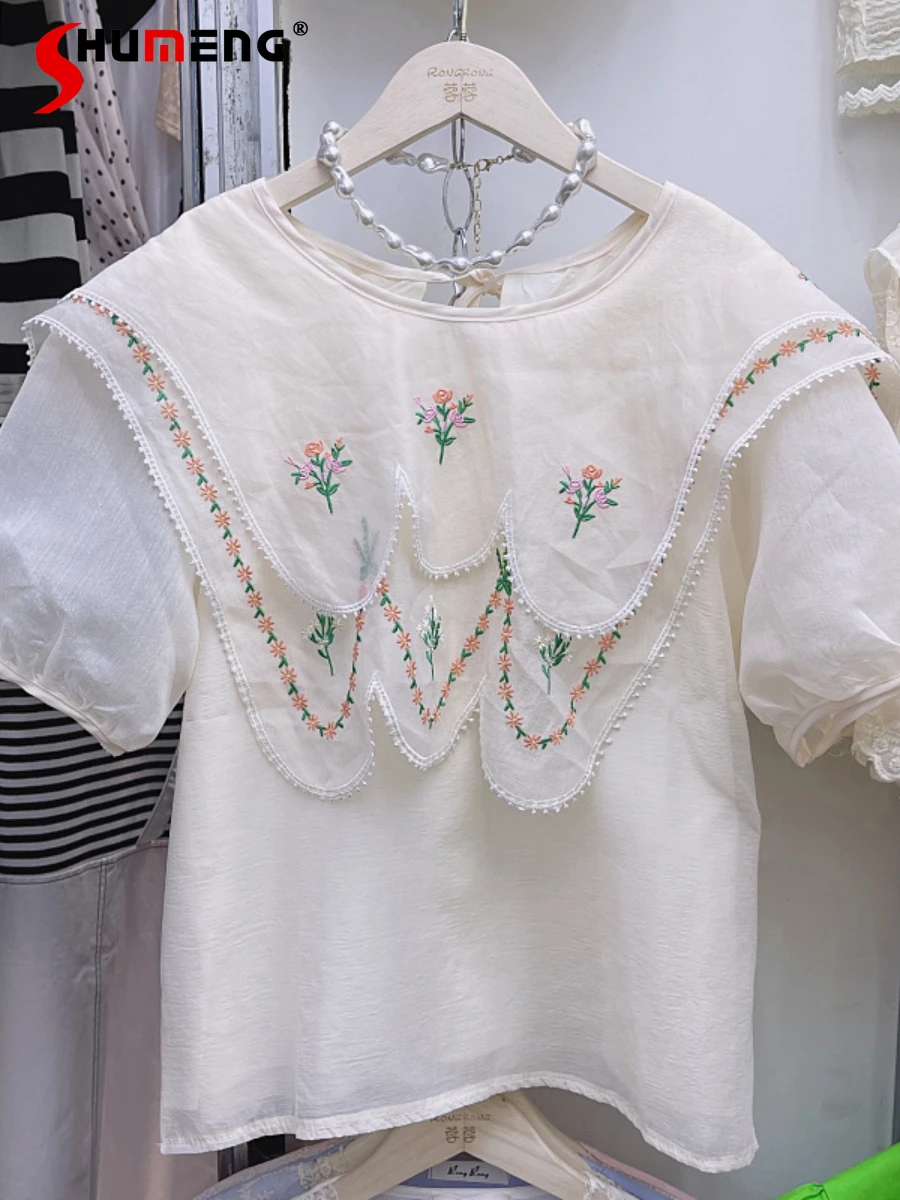 

New Ladies French Sweet Embroidered Flower Pullover Shirt Women's 2022 Summer Korean Style Puff Sleeve Loose Chiffon Blouses Top