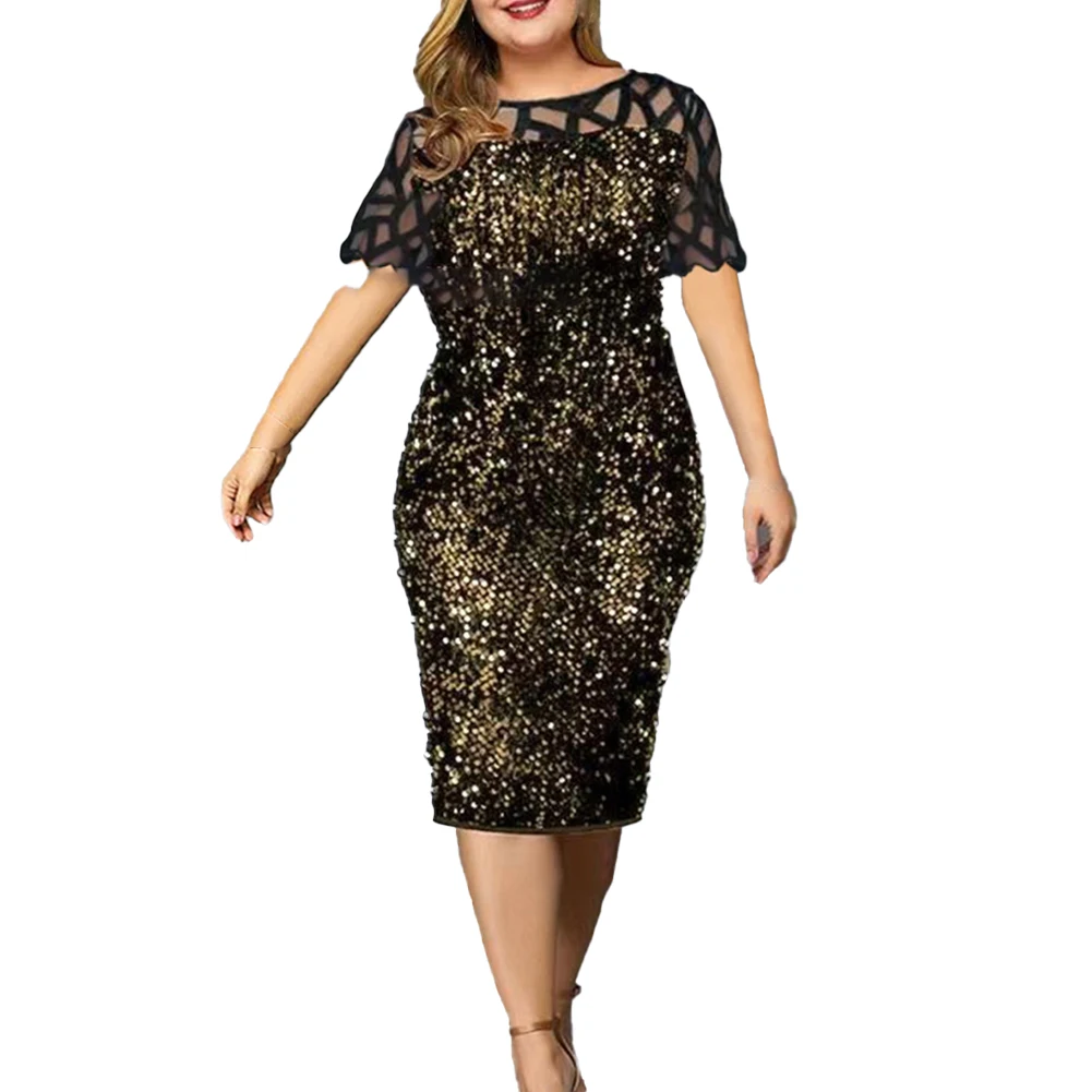 New Style XL~5XL Plus Size Womens Lace Sequin Midi Dress Ladies Cocktail Club Evening Party Dress Decency And Elegance