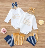 spring fall baby clothing set 4 pcs letter long sleeve topsstriped long pantsheadbandhat cotton soft casual baby clothes 0 3y