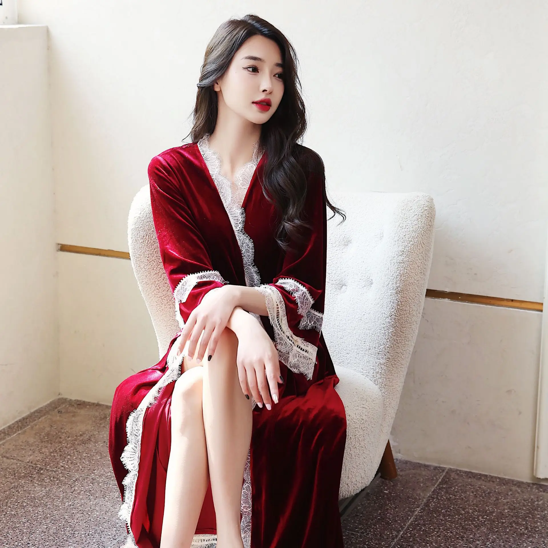 Bride Bridesmaid Lace Robe Velvet Dresses Wedding Solid Nightgown Long Cardigan Women's Home Clothes Autumn Winter 2022 New Robe