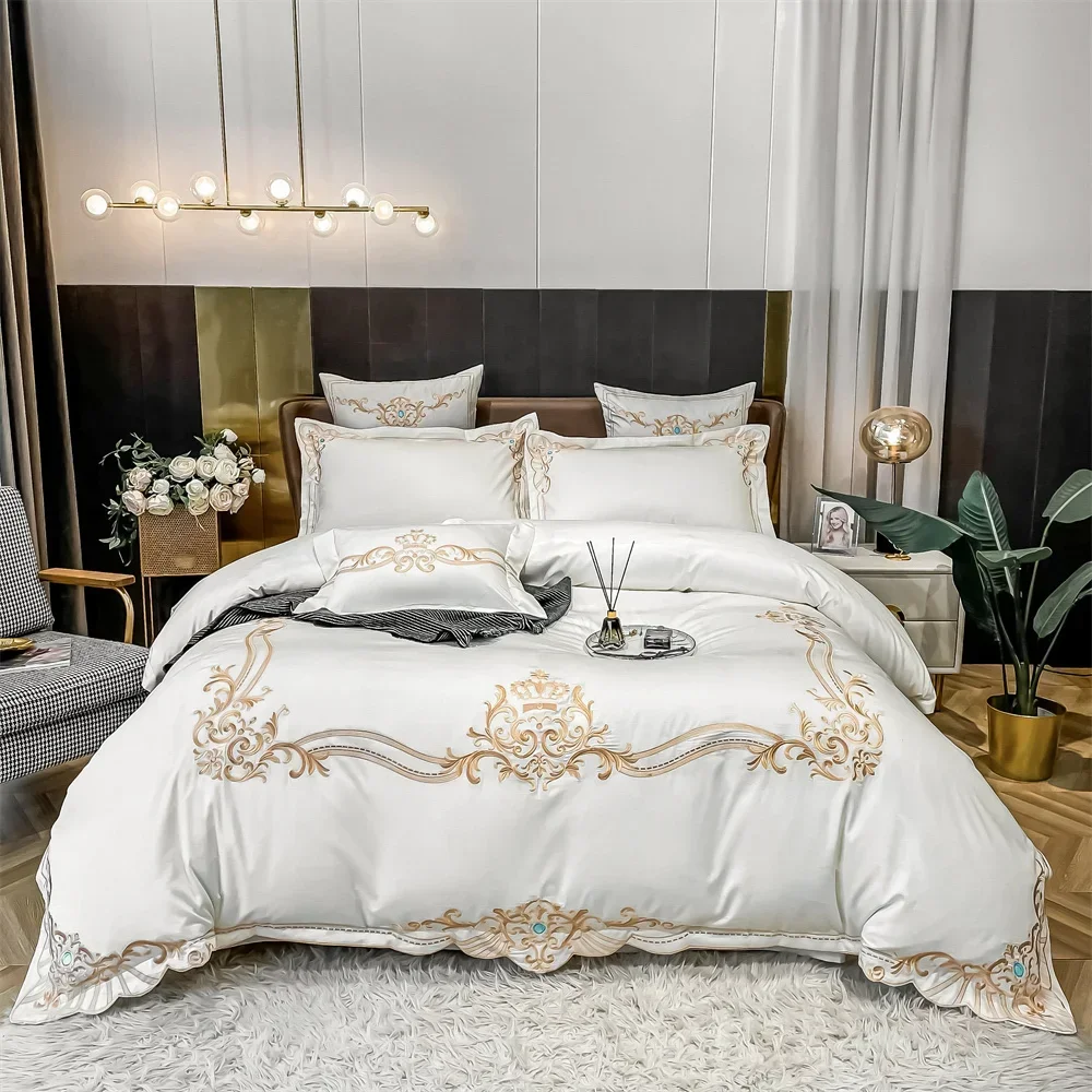 

Svetanya Solid Quality Egyptian Cotton Embroidery Bedding Set 4pcs King Queen Size Sheet Duvet Cover Pillowcase Bed Linens