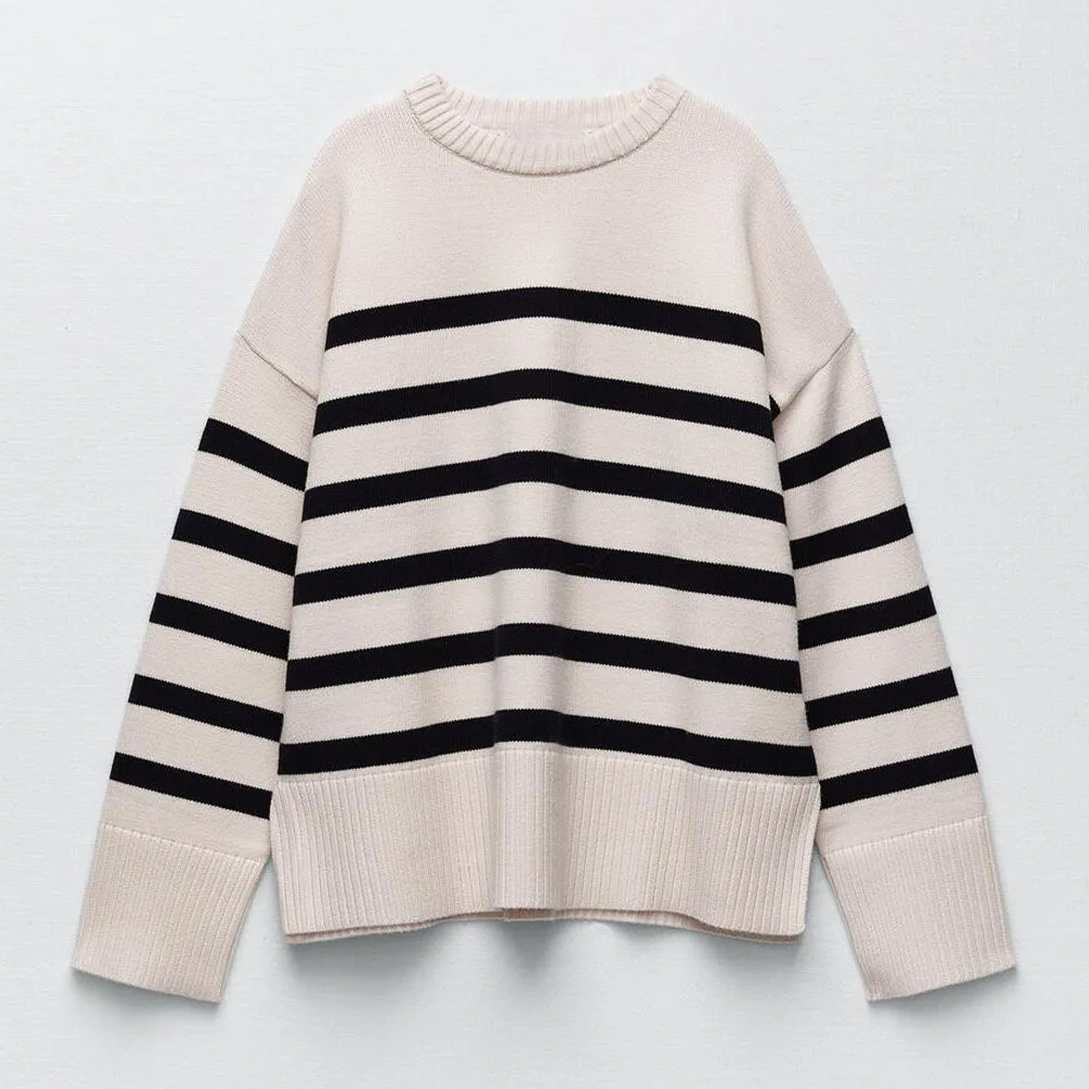 

PB & ZA Spring and Autumn new fashion all-match commuter women's casual loose round neck striped sweater pullover sweater