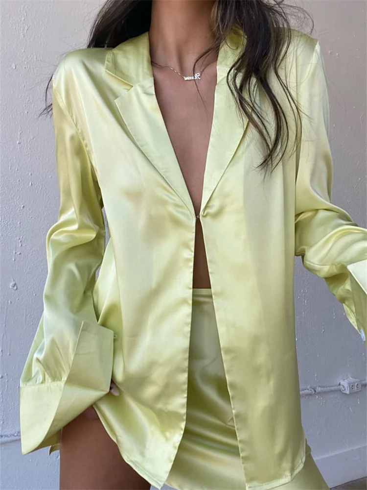 

CHRONSTYLE Elegant Women Satin 2 Piece Set Long Sleeve Solid Buttons Up Shirts Tops High Waist Mini Skirts Summer Autumn Outfits