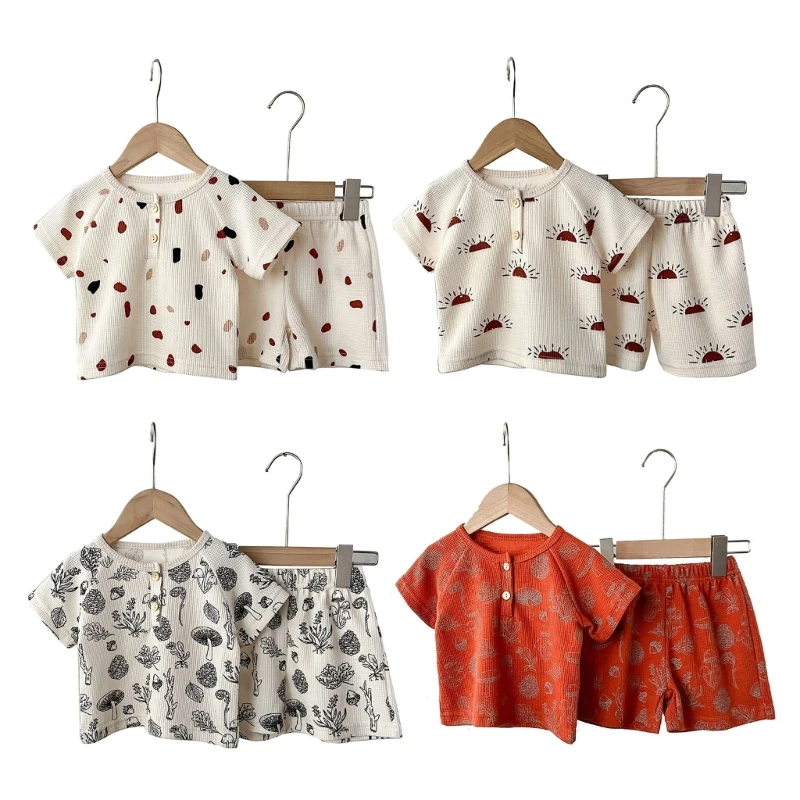 

1-5Y Toddler Outfit Baby Suit Short Sleeved Waffle & Shorts Set Summer Casual Loungewear Skin Friendly Child Clothes