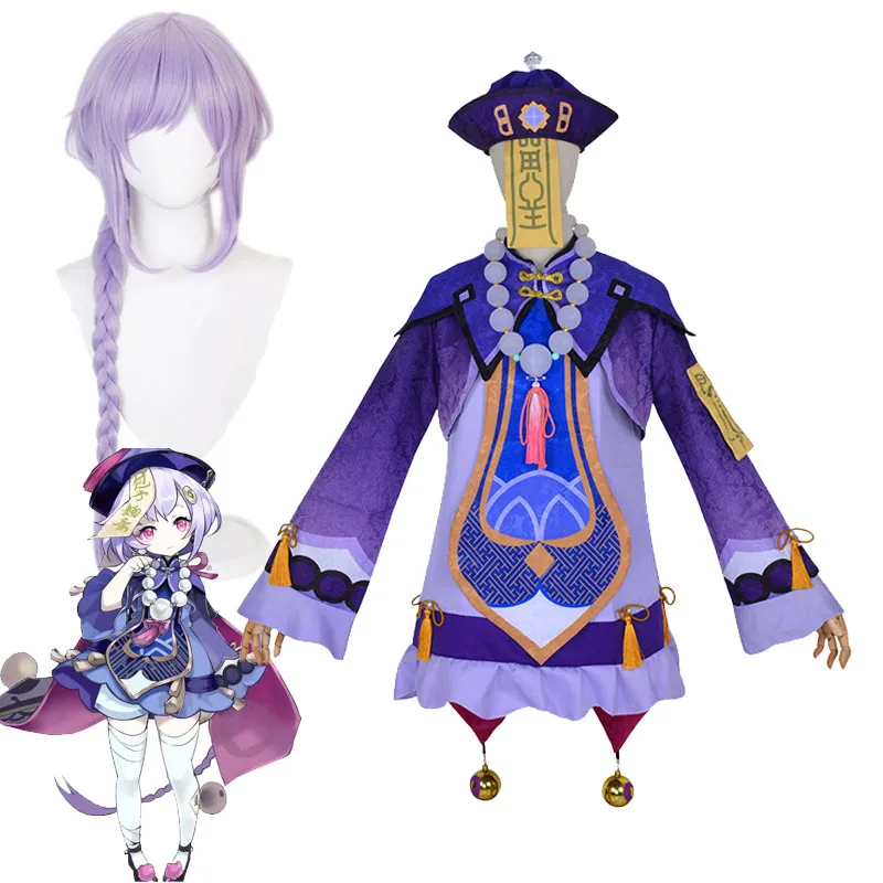 

Костюм и шляпа для косплея Genshin Impact Qiqi, одежда и аксессуары JiangShi, парик Qiqi, серая, фиолетовая косичка, головной убор для игр
