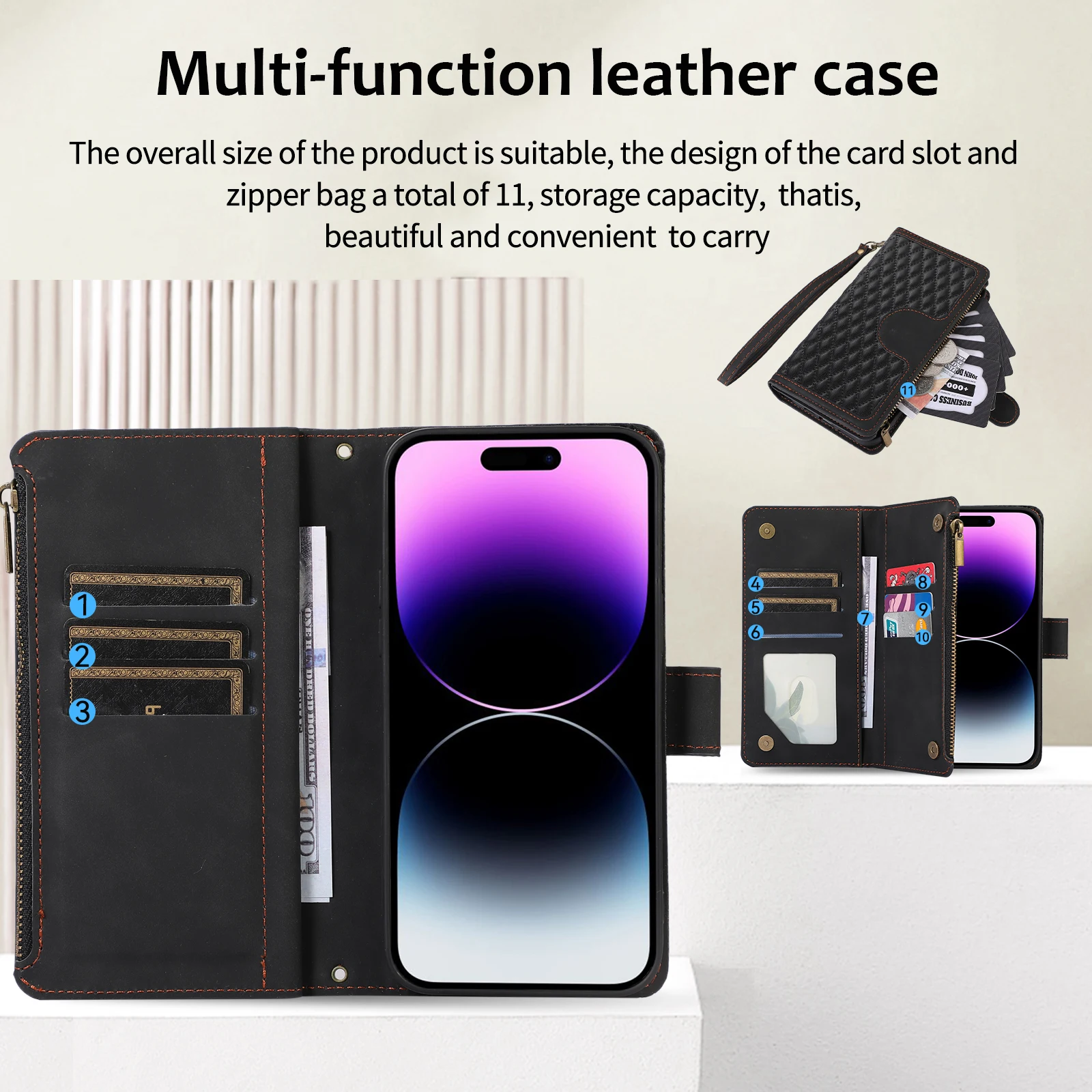 Multi Card Slots Case For iPhone 14 Plus 13 12 11 Pro Max Wallet Zipper Flip Leather XS XR 7 8 Cover with Necklace Lanyard Strap