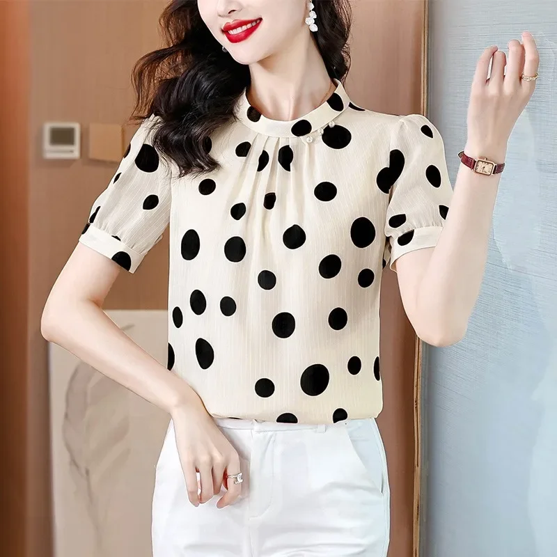 Модная шифоновая блузка в горошек с коротким рукавом женская летняя Новинка 2024