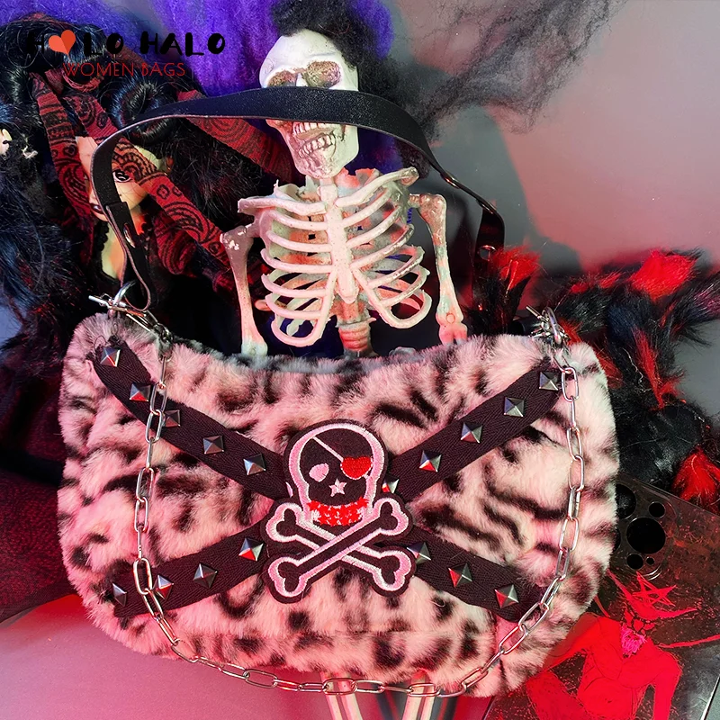 

Y2K Harajuku панк плюшевая женская сумка через плечо Леопардовый принт панк череп заклепки пушистая маленькая сумка-мессенджер сумки женские