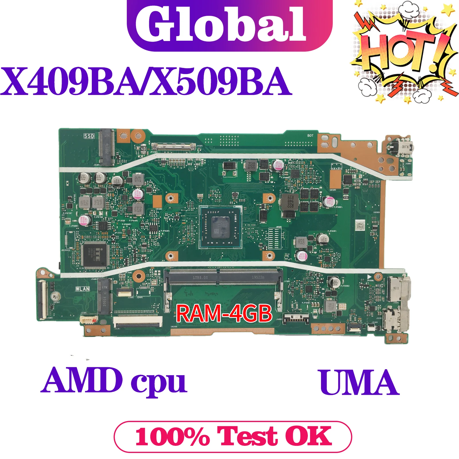 

KEFU X409BA Mainboard For ASUS X509BA D409BA M409BA D509BA M509BA Laptop Motherboard AMD CPU 4GB/RAM UMA R2.0