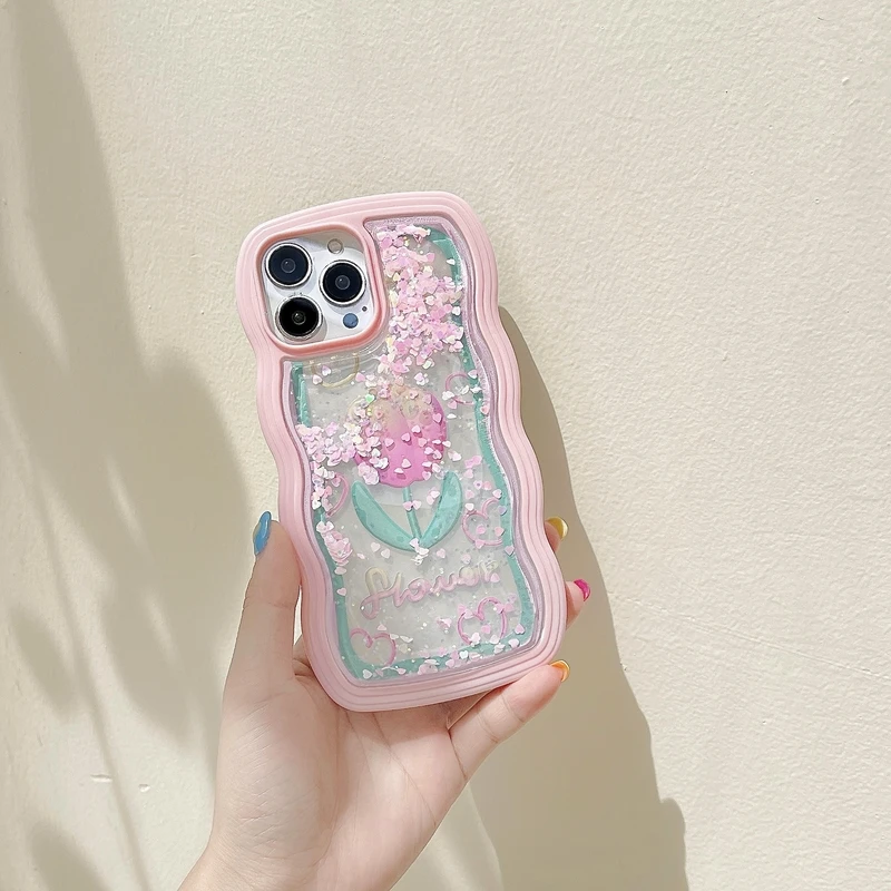 

Korea Cute Pink Tulip Flower Liquid Quicksand Phone Case For iPhone 11 12 13 Pro Xs Max Xr X Shockproof Soft TPU Cover Coque
