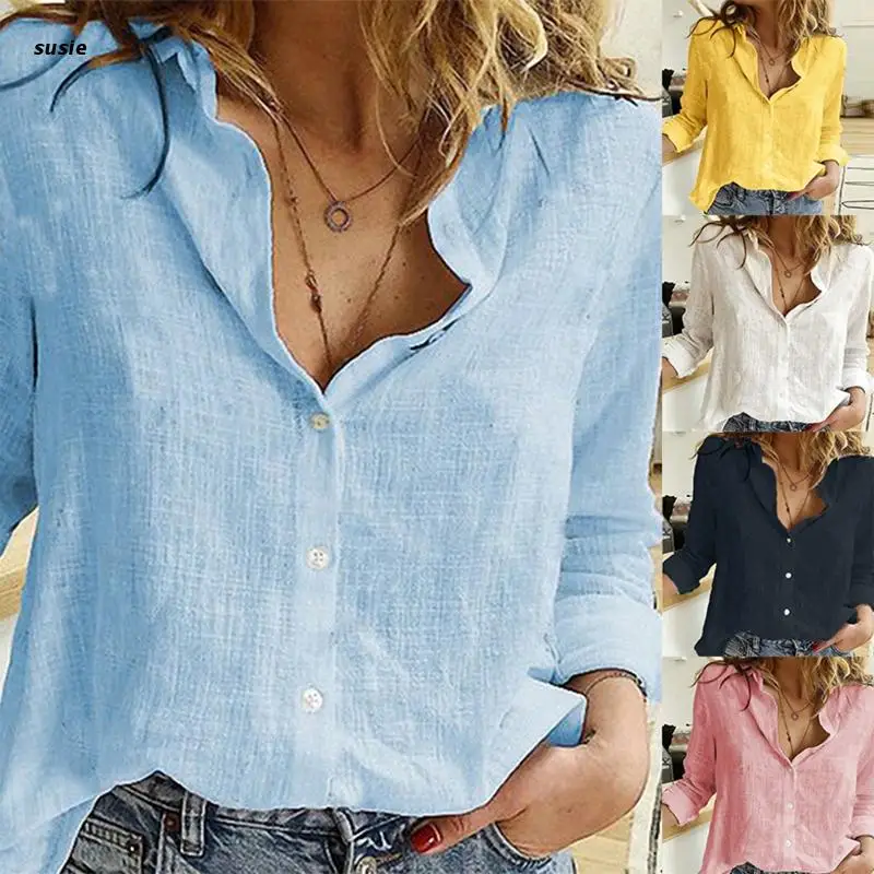 

Женская Осенняя льняная рубашка X7YA с длинным рукавом и пуговицами, блузка, однобортные туники